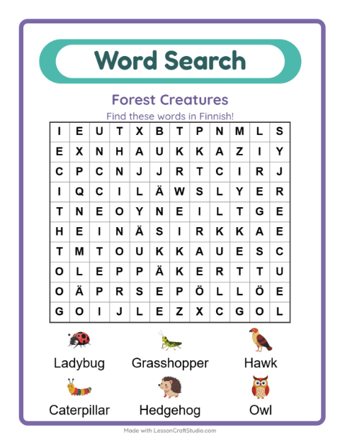 Picture word search – Forest Creatures