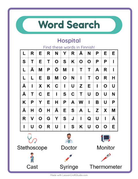 Preview of Doctor, syringe, plaster cast — the Finnish words for a hospital visit
