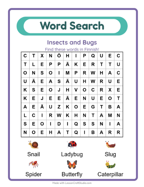 Picture word search – Insects and Bugs