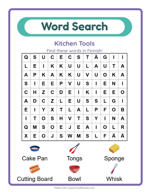 Picture word search – Kitchen Tools