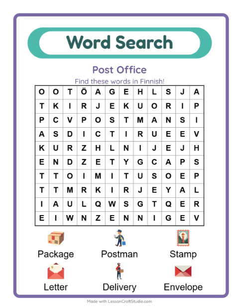 Preview of Telling KIRJE from KIRJEKUORI in a grid of letters