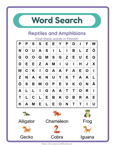 Picture word search – Reptiles and Amphibians