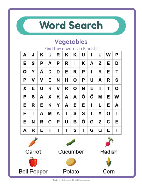 Picture word search – Vegetables