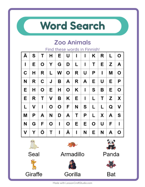 Picture word search – Zoo Animals