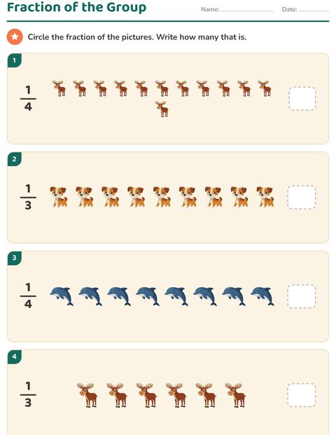 Preview of Fractions worksheet featuring Animals for grade 3