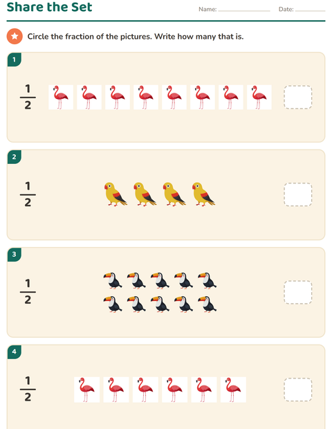 Preview of Fractions worksheet featuring Birds for grade 2
