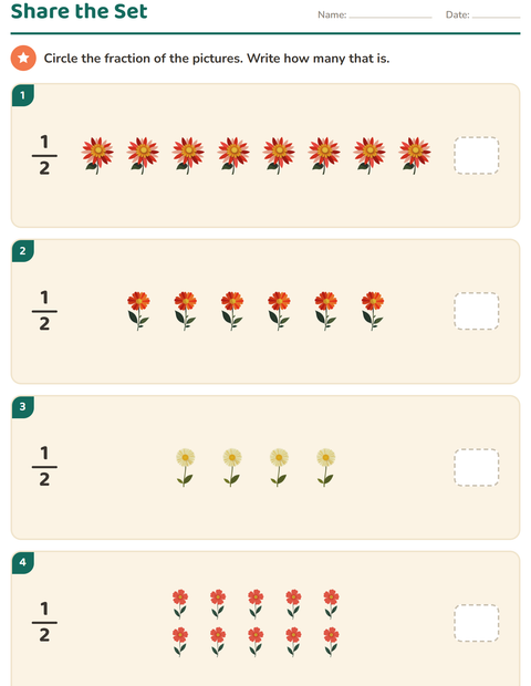Preview of Fractions worksheet featuring Flowers for grade 2