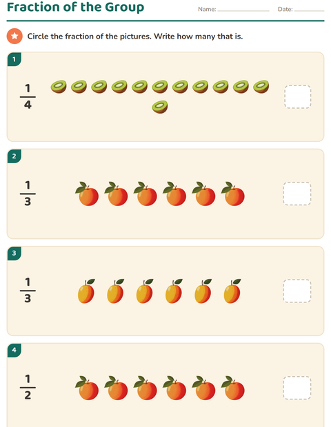 Preview of Fractions worksheet featuring Fruits for grade 3
