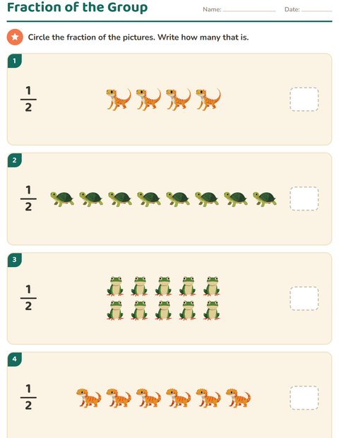 Preview of Fractions worksheet featuring Reptiles and Amphibians for grade 3