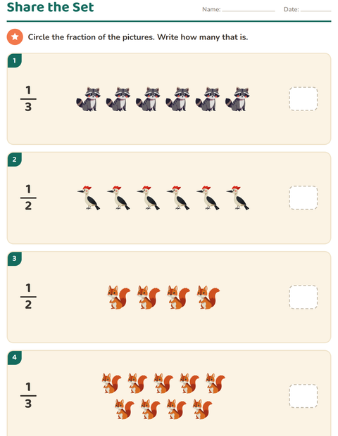 Preview of Fractions worksheet featuring Forest Creatures for grade 2