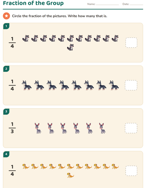Preview of Fractions worksheet featuring Animals for grade 3