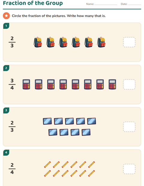 Preview of Fractions worksheet featuring Classroom for grade 3