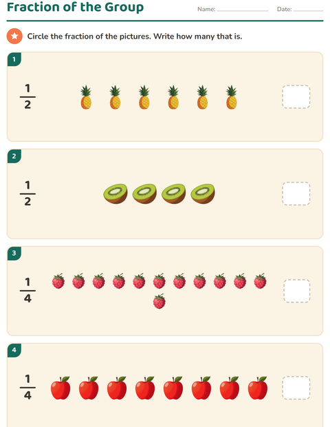 Preview of Fractions worksheet featuring Fruits for grade 3