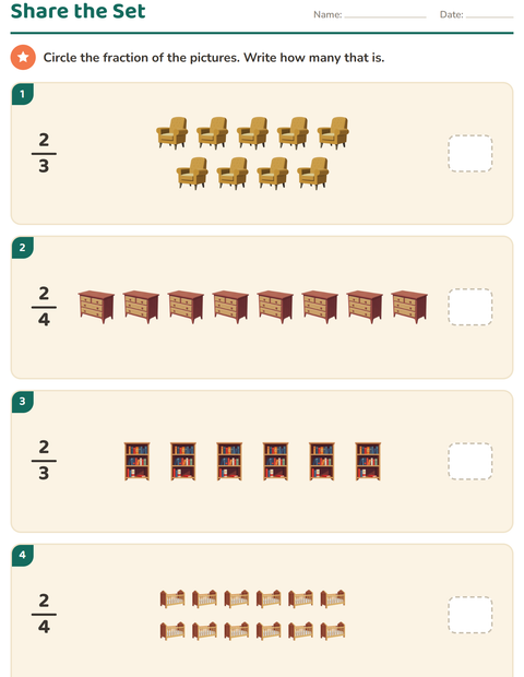 Preview of Fractions worksheet featuring Furniture for grade 2