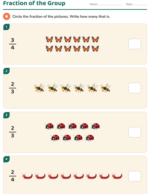 Preview of Fractions worksheet featuring Insects and Bugs for grade 3