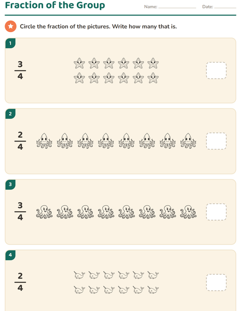 Preview of Fractions worksheet featuring Sea Life BW 2 for grade 3