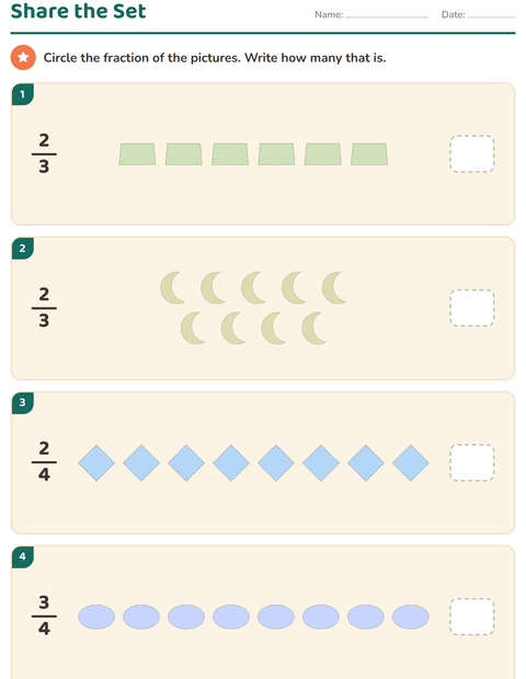 Preview of Fractions worksheet featuring Shapes for grade 2
