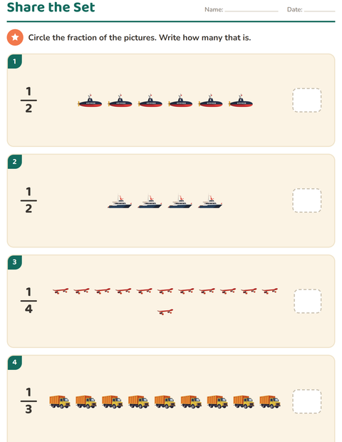 Preview of Fractions worksheet featuring Vehicles for grade 2