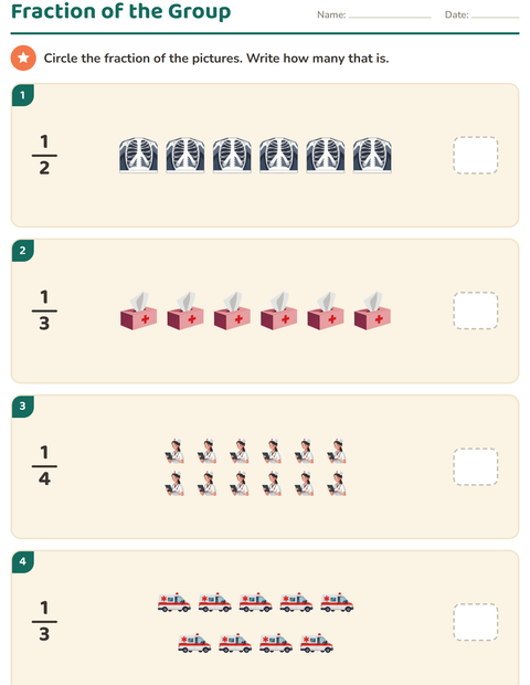 Preview of Fractions worksheet featuring Hospital for grade 3