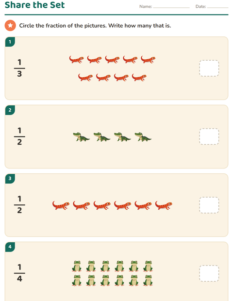 Preview of Fractions worksheet featuring Reptiles and Amphibians for grade 2
