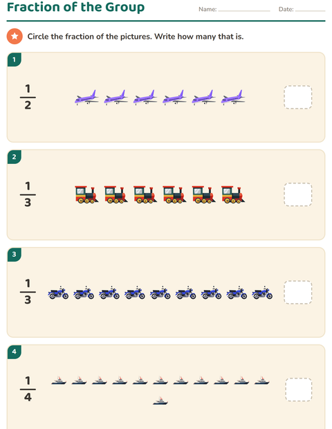 Preview of Fractions worksheet featuring Vehicles for grade 3