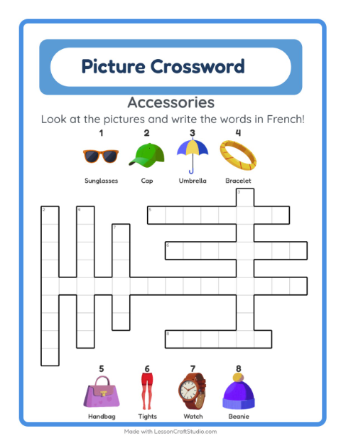 Preview of Learn French: Accessories – Picture Crossword for Kids