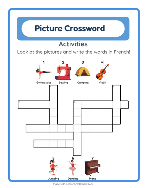 Preview of Learn French: Activities – Picture Crossword for Kids