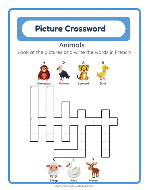 Preview of Learn French: Animals – Picture Crossword for Kids