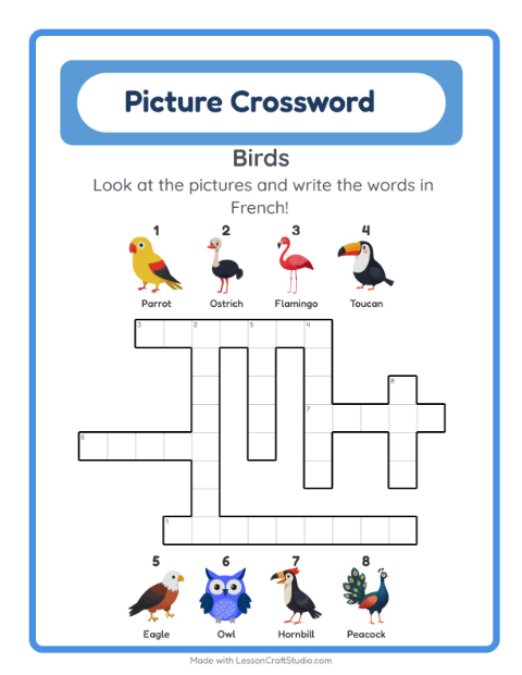Preview of Learn French: Birds – Picture Crossword for Kids
