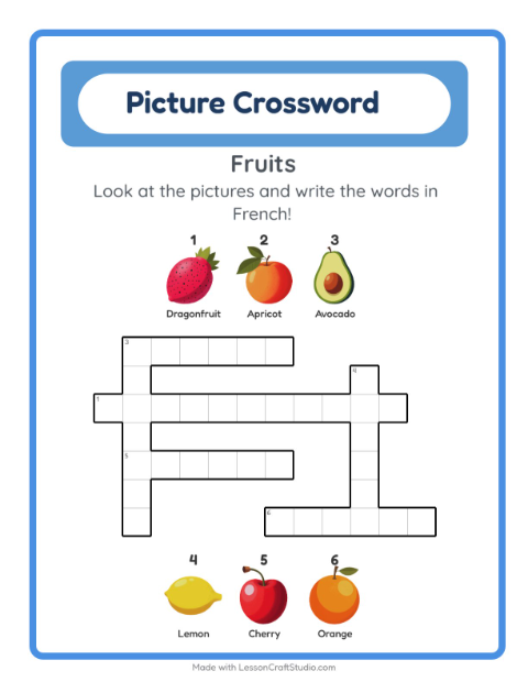 Preview of Learn French: Fruits – Picture Crossword for Kids