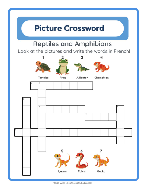 Preview of Learn French: Reptiles and Amphibians – Picture Crossword for Kids