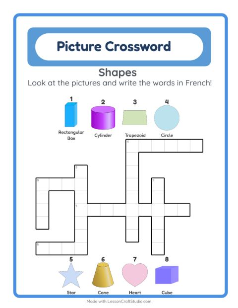 Preview of Learn French: Shapes – Picture Crossword for Kids