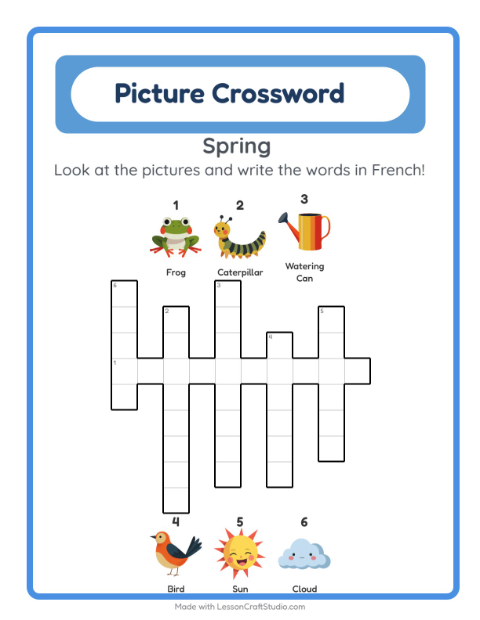 Preview of Learn French: Spring – Picture Crossword for Kids