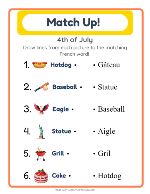 Picture-word match – Fourth of July Things