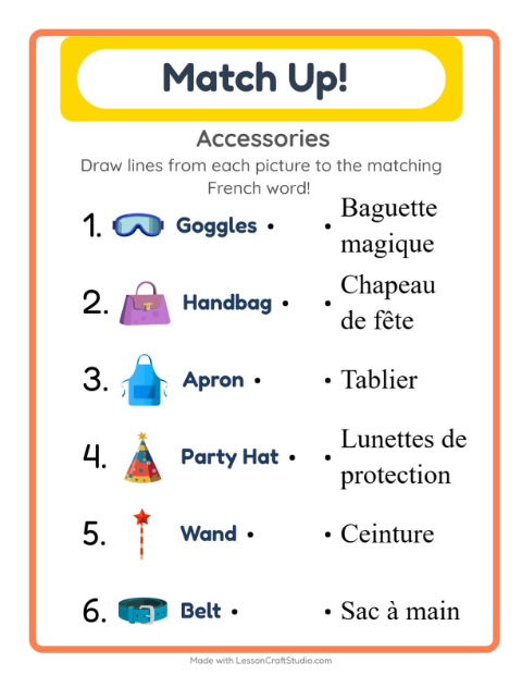 Preview of Learn French: Accessories – Picture-Word Match for Kids