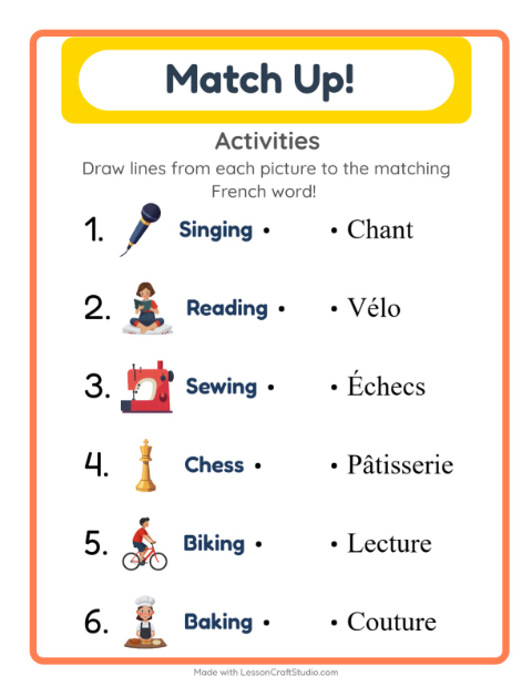 Preview of Learn French: Activities – Picture-Word Match for Kids