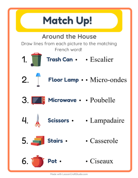 Preview of Learn French: Household Things – Picture-Word Match for Kids