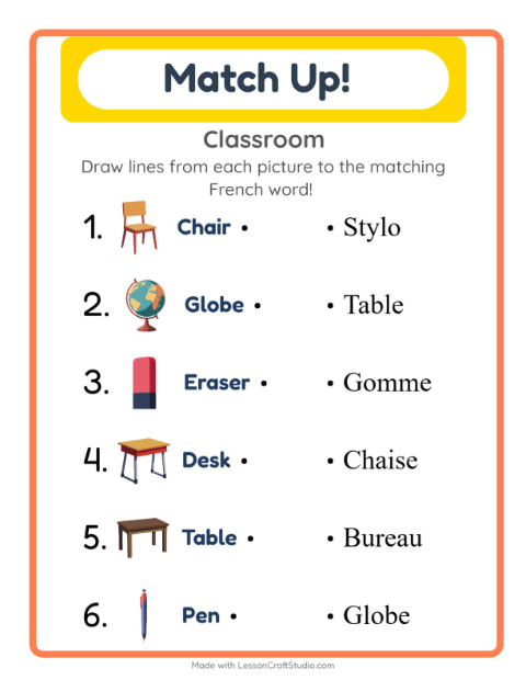 Picture-word match – Classroom Objects