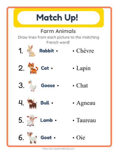 Picture-word match – Farm Animals