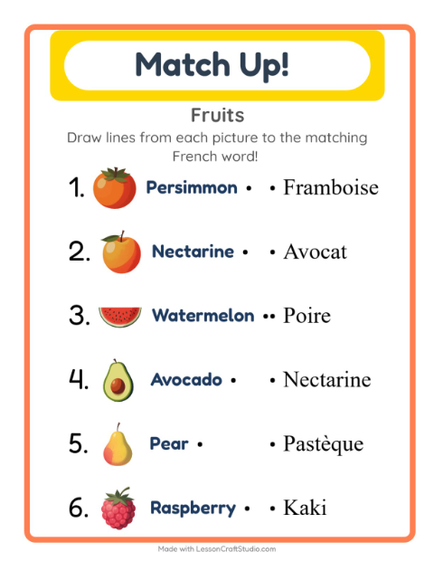 Preview of Learn French: Fruits – Picture-Word Match for Kids
