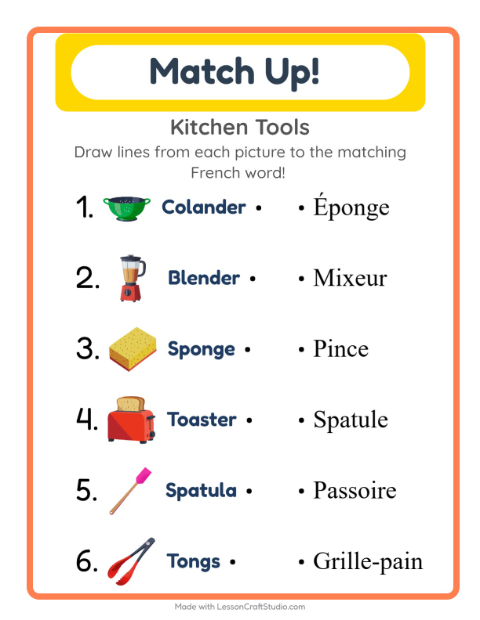 Picture-word match – Kitchen Tools
