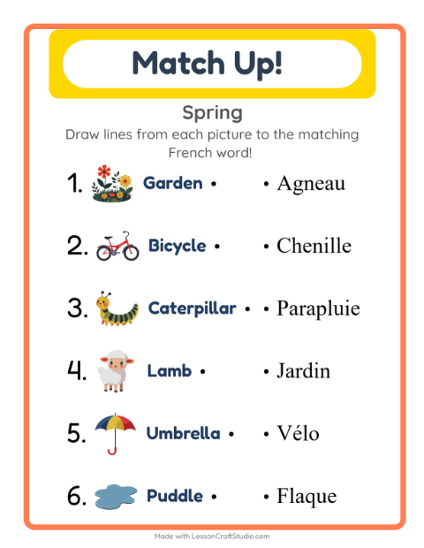Preview of Learn French: Spring – Picture-Word Match for Kids