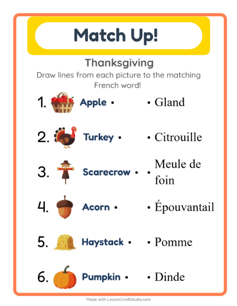 Picture-word match – Thanksgiving