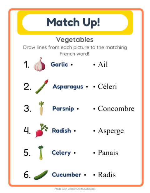 Picture-word match – Vegetables