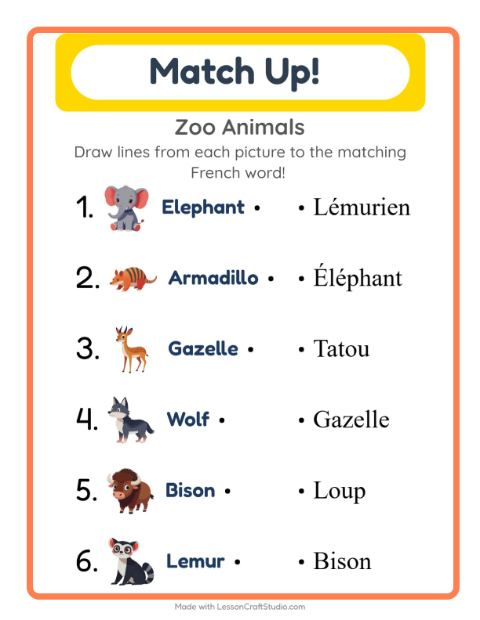 Picture-word match – Zoo Animals