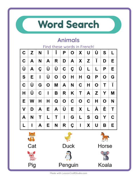 Preview of Find the animals: French names hidden among the letters