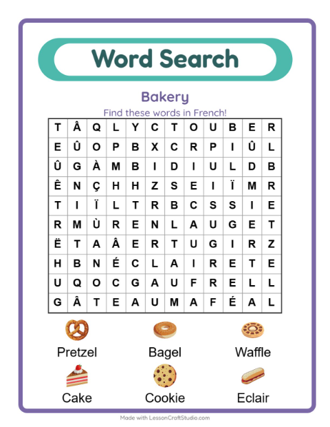 Picture word search – Bakery Treats