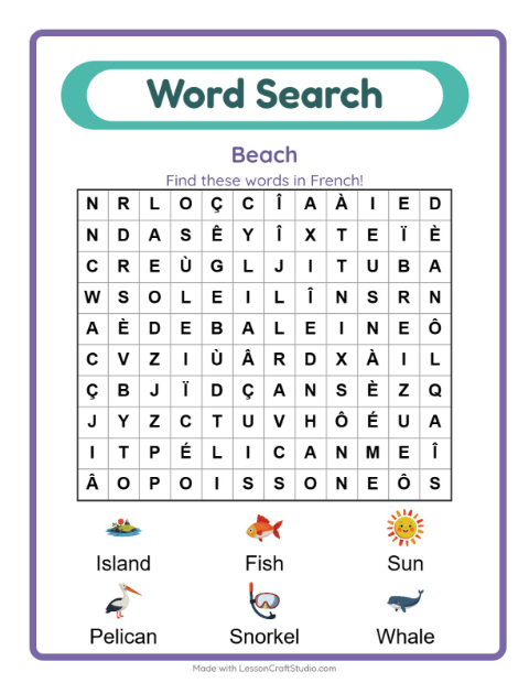 Picture word search – Beach Things