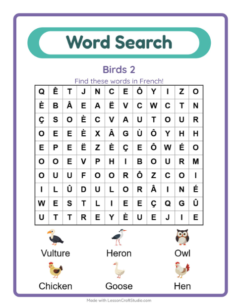 Picture word search – More Birds