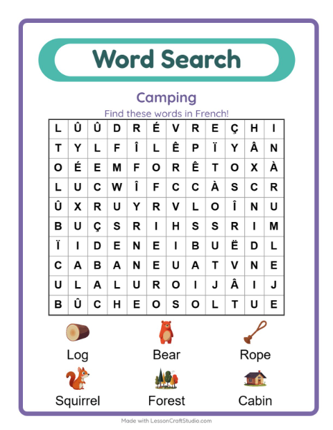 Picture word search – Camping Gear